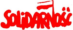 Czerwoną czcionką, wielką czcionką napis Solidarność, a na przedłużeniu jednej kreski litery N, flaga biało-czerwona