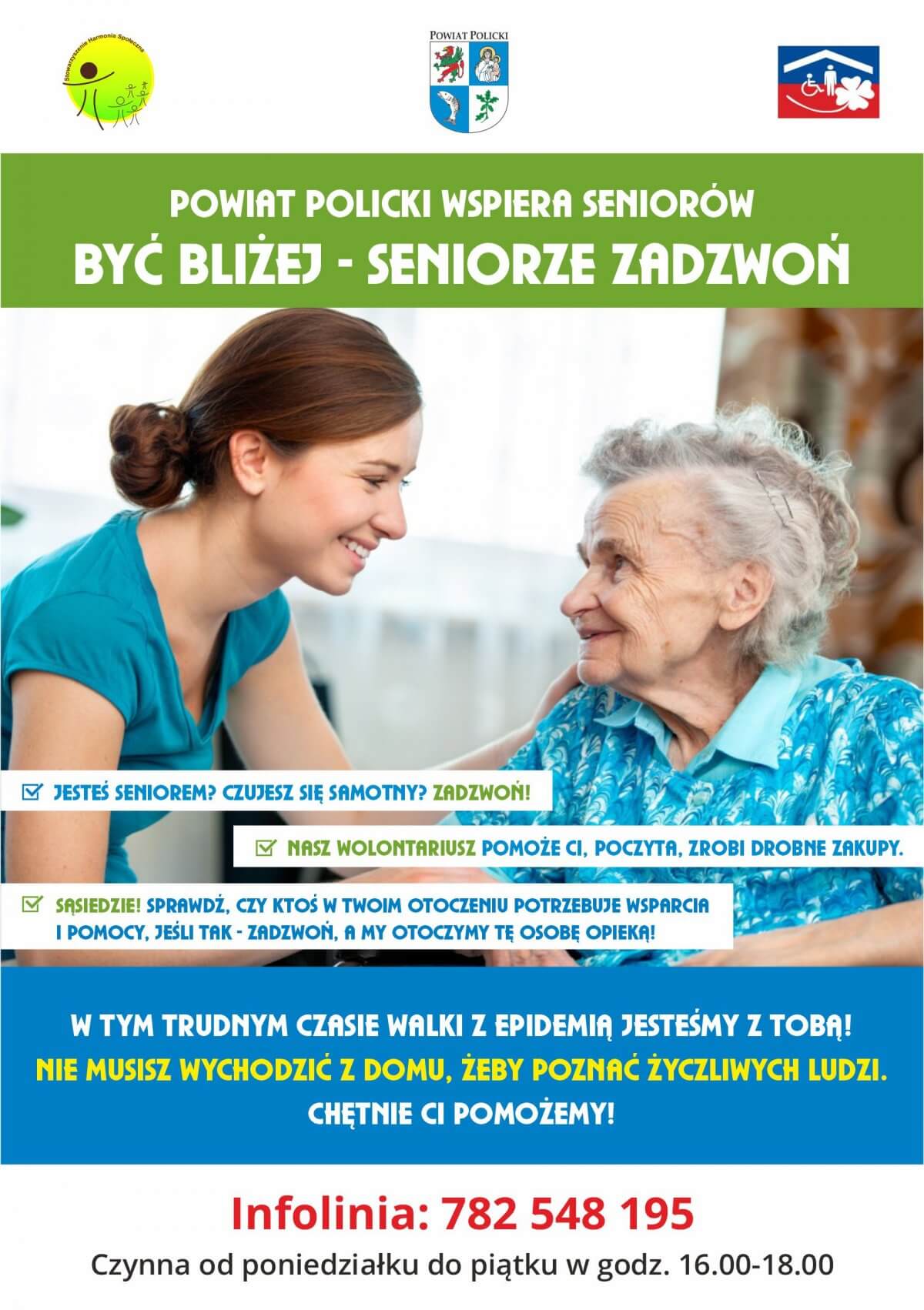 Obraz plakatu projektu "Być bliżej - Seniorze zadzwoń" z numerem infolinii 782 548 195
