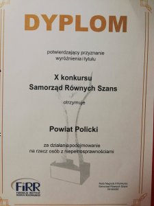 Dyplom za wyróżnienie w konkursu "Samorząd równych szans"