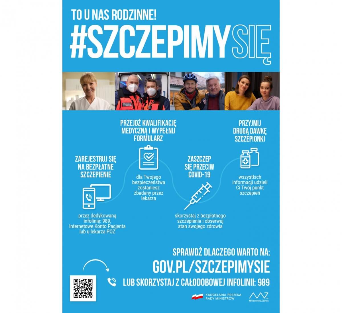 Niebieska plansza z białym napisem "To u nas rodzinne #szczepimy się.