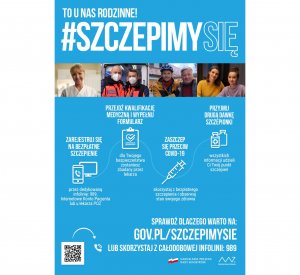 Niebieska plansza z białym napisem "To u nas rodzinne #szczepimy się.