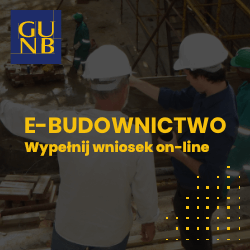 Grafika systemu e-budownictwo. Zółty napis e-budownictwo , w tle pracownicy budowlani.