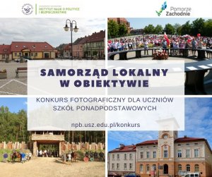 Grafika konkursu.Granatowy napis Samorząd Lokalny w Obiektywie. W tle przykładowe zdjęcia.