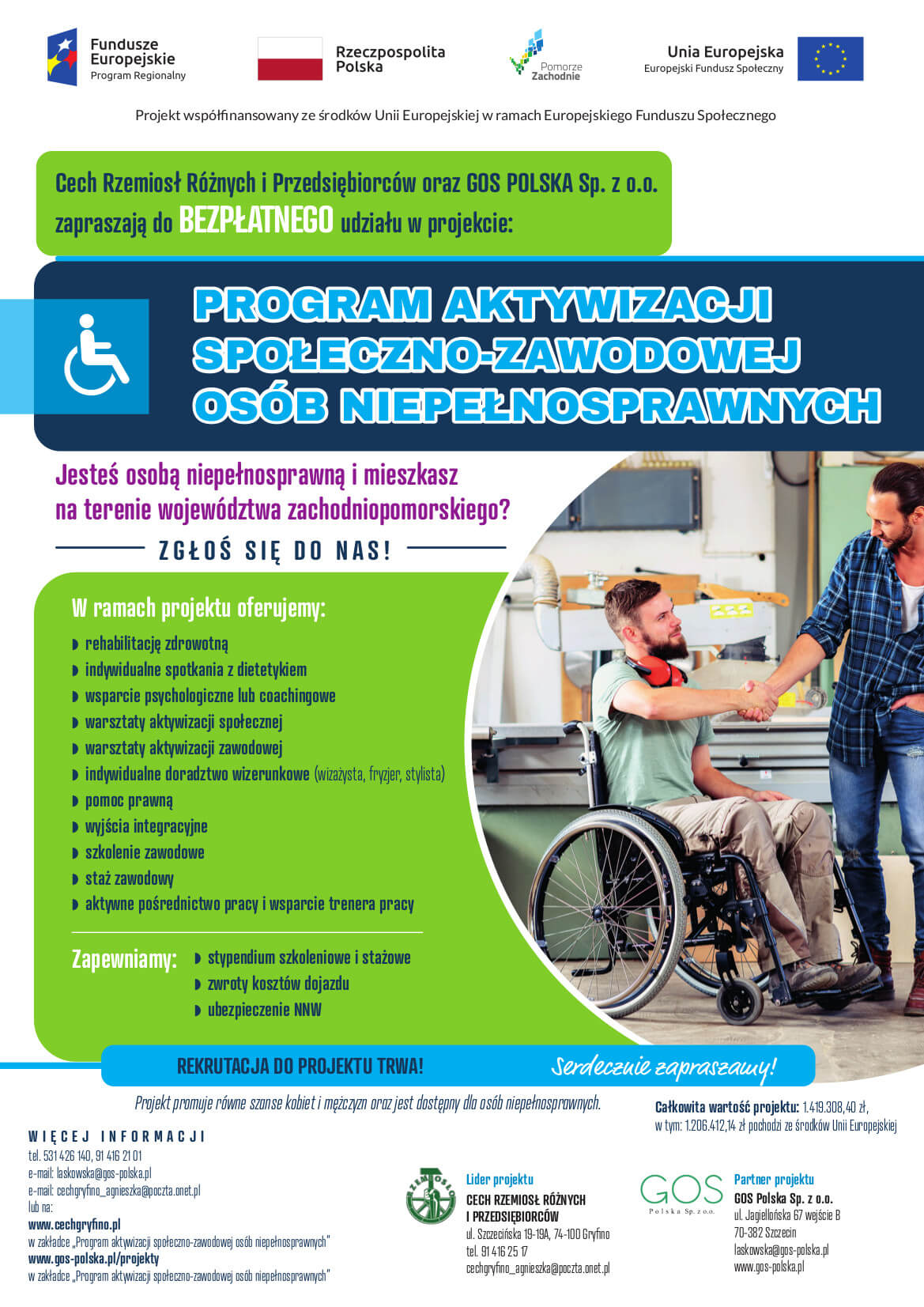 Plakat promujący projekt „PROGRAM AKTYWIZACJI SPOŁECZNO-ZAWODOWEJ OSÓB NIEPEŁNOSPRAWNYCH”