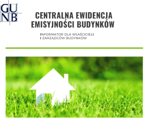 Napis Centralna Ewidencja Emisyjności Budynków w tle biały budynek na zielonej trawie