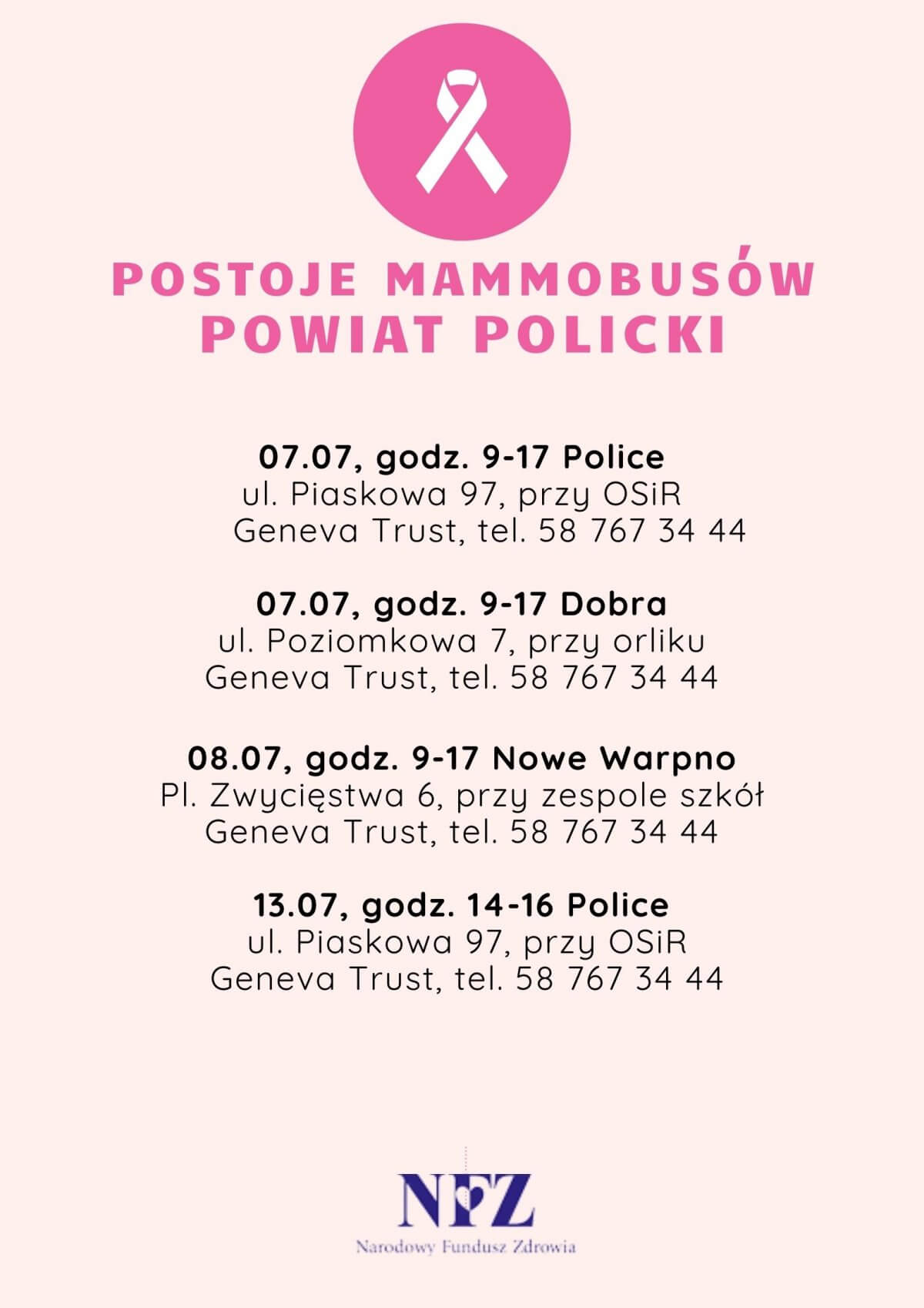 Ulotka promująca postój mammobusów w Powiecie Polickim
