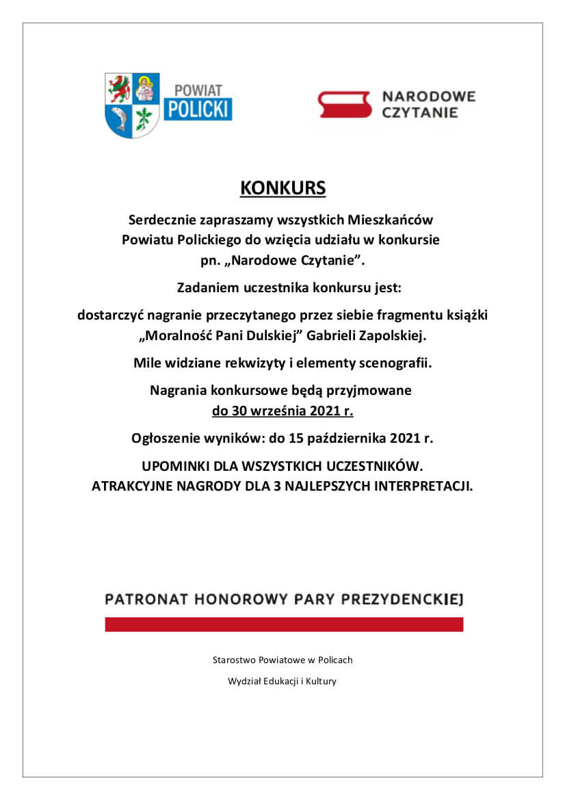 Plakat promujący konkurs pn. Narodowe Czytanie 2021