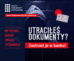 Plakat akcji biały nnapis Utraciłeś dokumenty?Pod nim na czerwonym pasku biały napis zastrzeż je w banku. Tło ciemne i postać w kapturze.