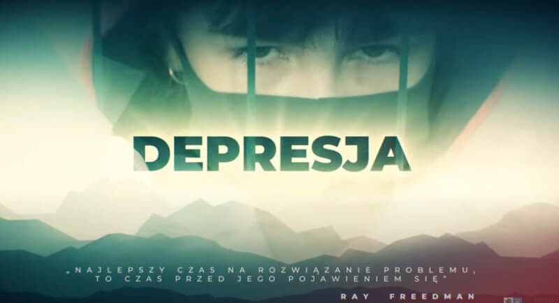 Napis Depresja, a w tle kobieta w maseczce