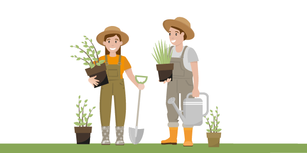 Ogrodnicy. Kobieta z łopatą i mężczyzna z konewką trzymają kwiatki w doniczkach.