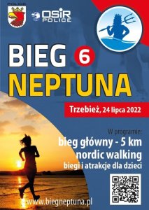 Plakat szóstej edycji Biegu Neptuna napis w kolorze białym i żółtym na tle niebieskiego tła