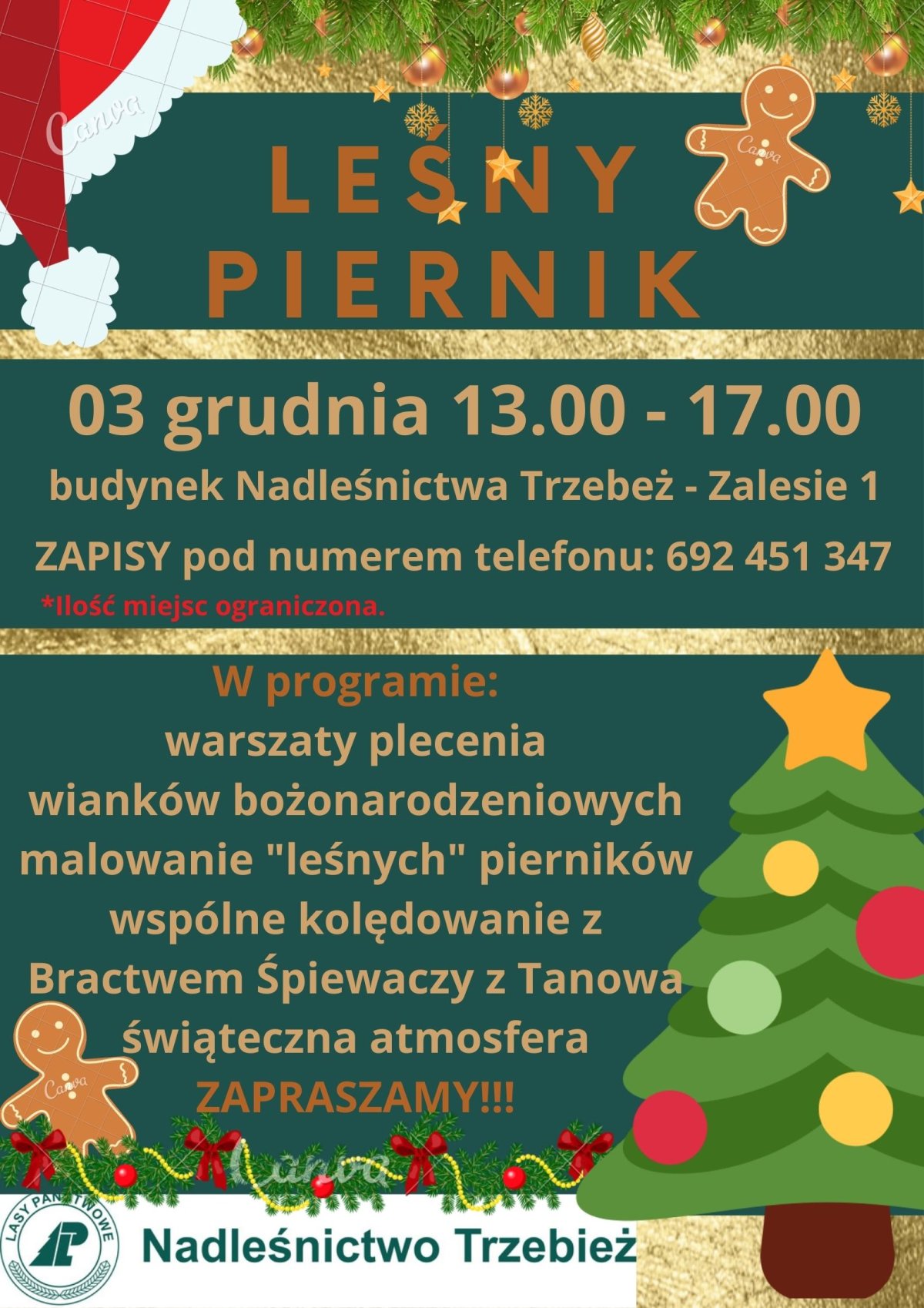 plakat z danymi wydarzenia "Lesny piernik" od Nadleśnictwa Trzebież