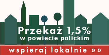 zielone budynki, wyrysowane dachy budynków, okrągłe drzewa na białym tle, akcja przekaż 1,5% w powiecie polickim, wspieraj lokalnie