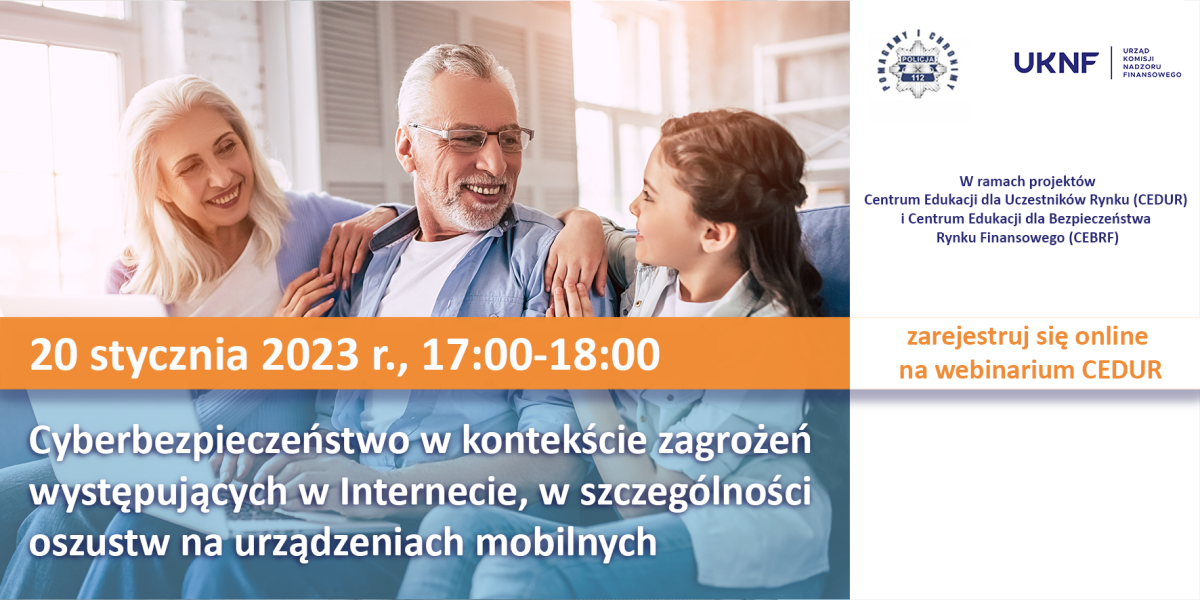 plakat z informacją o webinarium dla seniorów, po lewej uśmiechnięci seniorzy, kobieta i mężczyzna patrzący na małą dziewczynkę siedzącą obok mężczyzny