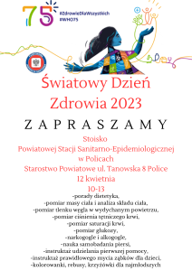 Plakat promocyjny Światowy Dzień Zdrowia 2023 w wielu kolorach oraz opisem wydarzenia