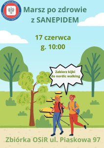 Plakat, na którym widoczne są dwie kobiety chodzące o kijkach do nordic walking po chodniku, za nimi widoczna jest zielona trawa oraz drzewa, natmoast niebo jest niebieskie z dwoma białymi chmurami
