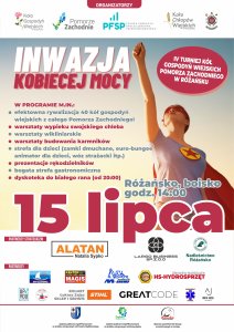 Plakat Inwazja Kobiecej Mocy z opisem programu oraz datą wydarzenia, na plakacie widoczna jest kobieta w czerwonej pelerynie z gwiazdą na piersi ukazana jako postać superbohatera
