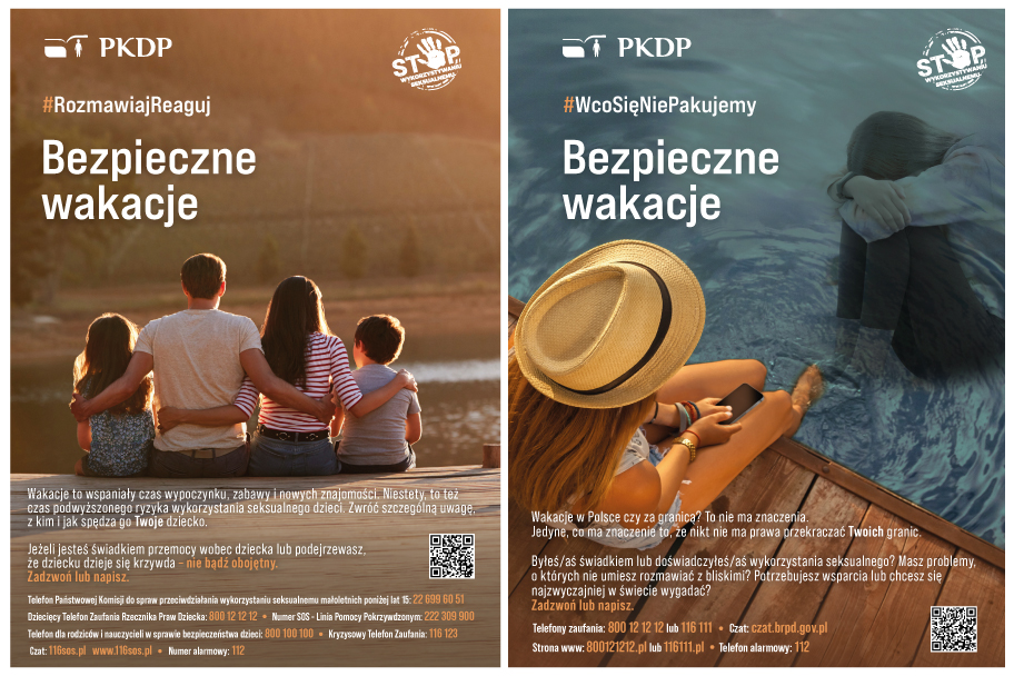 Plakat bezpieczne wakacje, dwoje rodziców siedzi plecami do kadru ze swoimi dziećmi na mostku nad wodą. Na prawym zdjęciu widnieje dziewczynka z telefonem na pomoście, w wodzie odbija się zapłakana dziewczyna.