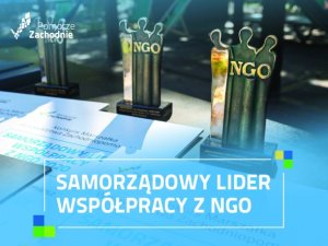 Złte statuetki na wzór ludzkich sylwetek z napisem NGO, przed nimi duży napis Samorządowy Lider Współpracy NGO