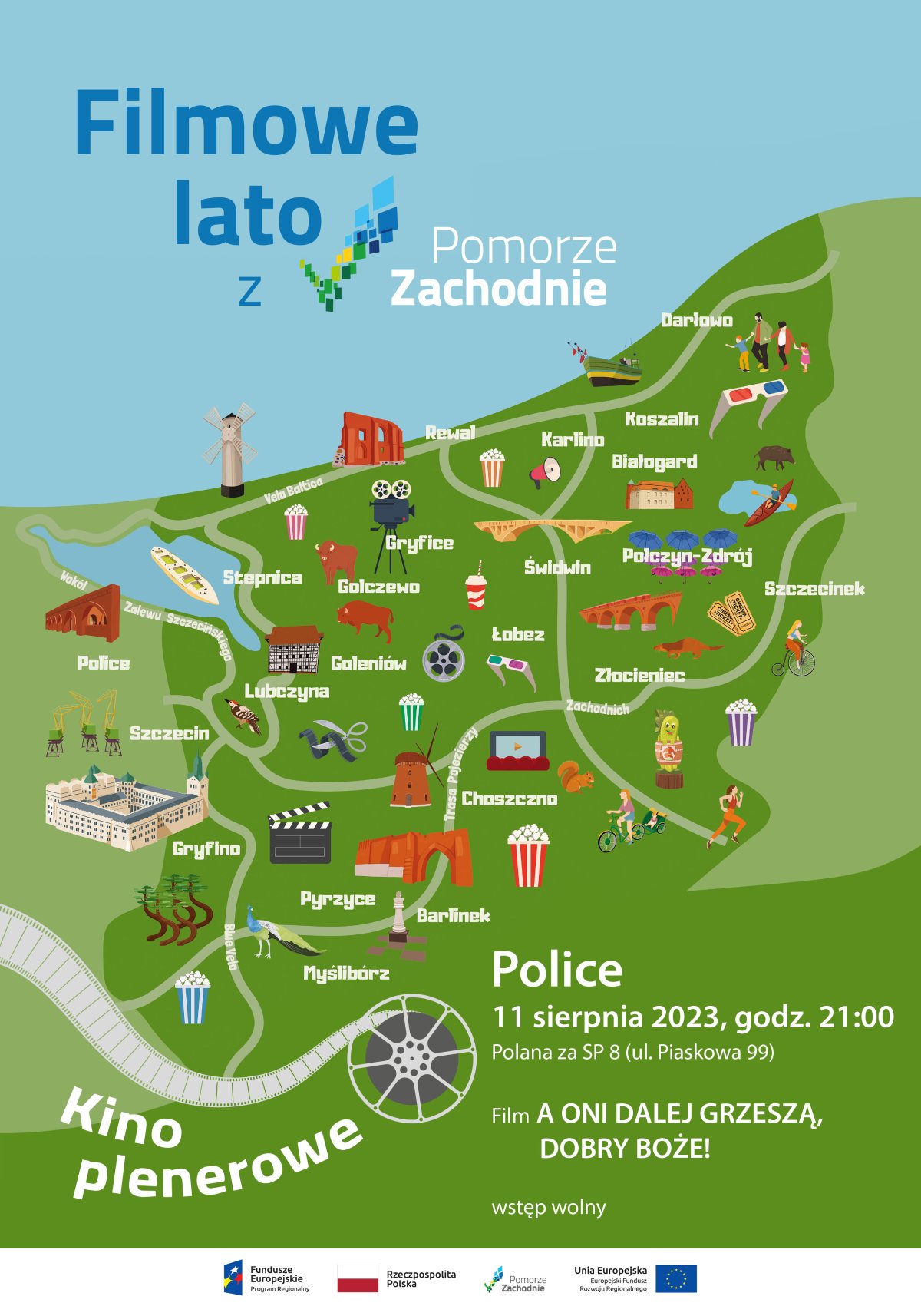 Na grafice widoczne jest pomorze zachodnie z wyszczególnionymi miejscowościami