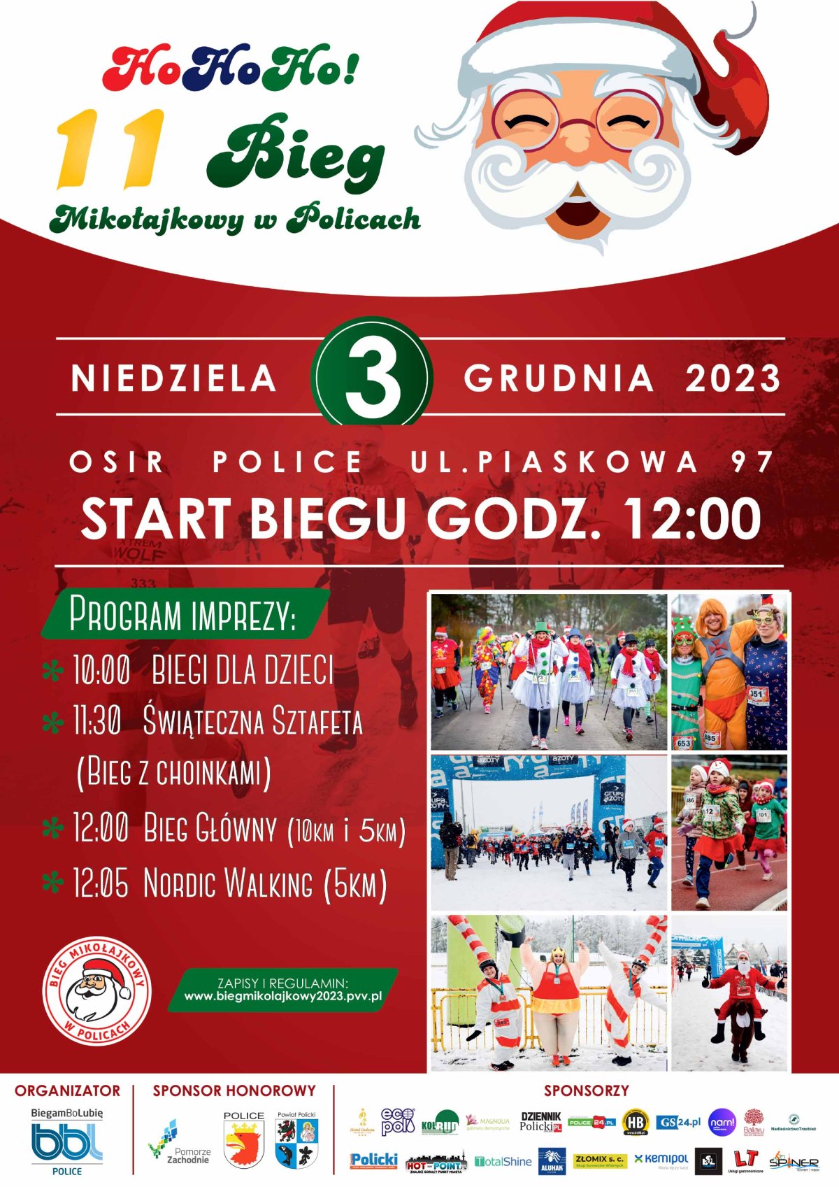 Plakat Biegu Mikołajkowego z podobizną Mikołaja oraz w czerwono-zielonych barwach, na plakacie znajduje się data oraz miejsce wydarzenia wraz z harmonogramem