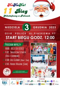 Plakat Biegu Mikołajkowego z podobizną Mikołaja oraz w czerwono-zielonych barwach, na plakacie znajduje się data oraz miejsce wydarzenia wraz z harmonogramem