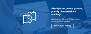 Plansza z napisem zapisz sie na porady, nieodpłatne poradnictwo prawne i obywatelskie, mediacja.