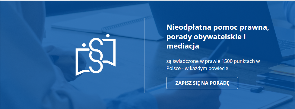 Plansza z napisem zapisz sie na porady, nieodpłatne poradnictwo prawne i obywatelskie, mediacja.